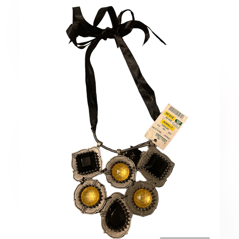 Andre Oliver Black Ribbon Tie Jewel Statement Necklace New Silver Black